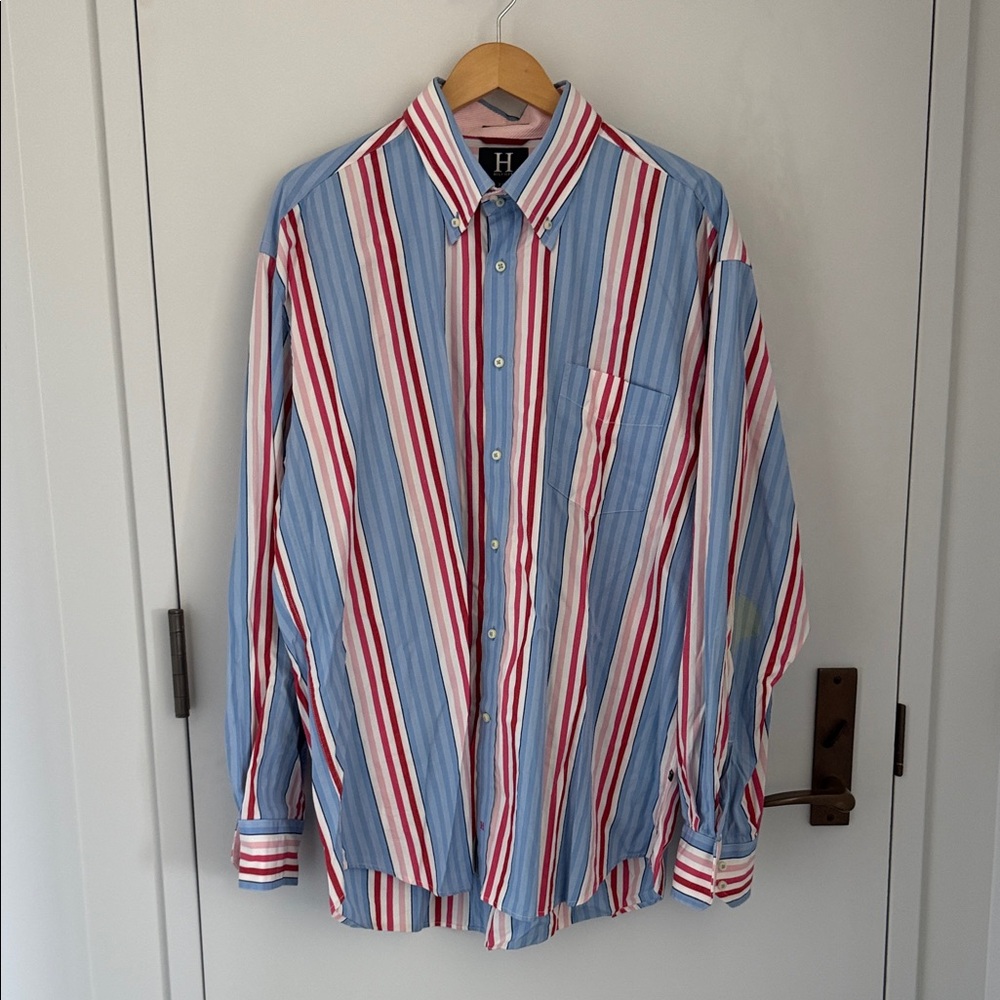 Vintage H Hilfiger Striped Blue and Red Men's Shirt 100% Cotton